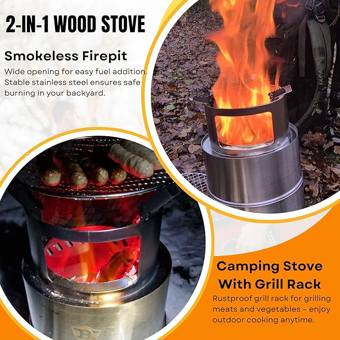 Bestargot Camping Wood Stove, Extra Large, Portable Smokeless Fire Pit, Stainless Steel, Windproof & Stackable Gas Burner for Camping, Hiking, Fishing, Hunting, Survival Stove