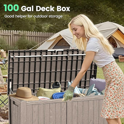 120 Outdoor Storage Box, Waterproof Resin Deck Box for Indoor & Outdoor Use, Lockable Storage Bench with Piston Hinge, Storage Bin for Patio Cushions, Garden Tools, Package Delivery, Grey