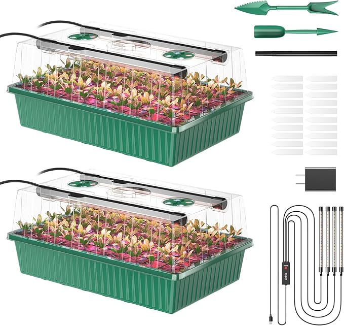 Seed Starter Tray, 120-Cells Seed Starter Kit with Grow Light, 2 Pack Reusable Seeding Starter Trays with Air Vent Humidity Domes for Greenhouse Gardening Indoor Planting Growing (Green Base)