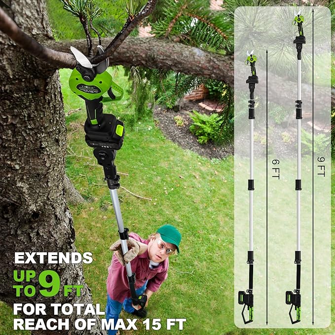 2-IN-1 Electric Pole Pruning Shears Cordless, 1.6" Cutting Diameter Cordless Pruner with 15 FT High Reach Extension Pole, 21V 4.0Ah Battery Powered Pole Pruner for Tree Trimming, LCD Display