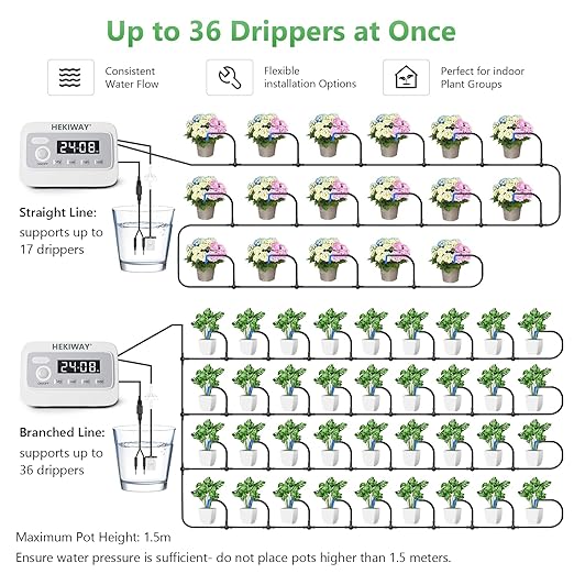 49FT Automatic Plant Watering System–HEKIWAY 390 Adjustable Watering Modes, Supports 15-36 Pots | Indoor Garden System & Vacation Plant Watering Devices, Auto Watering for Plants Outdoor
