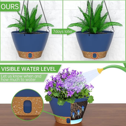 ZMTECH 2 Pack 10 Inch Hanging Planters for Outdoor Plants, Hanging Pots for Plants Indoor with Visible Water Level, Hanging Flower Basket with Drainage Holes & Removable Tray(Blue)