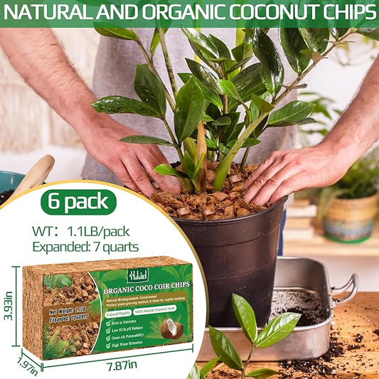 Halatool 6 Pcs Coco Husk Chips for Plants - 6.6 LB 100% Organic Coconut Coir Chips with Low EC and pH Balanced, Compressed Coco Substrate Growing Mulch Medium for Landscaping, Herbs, Plants, Flowers