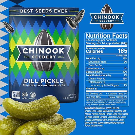 Chinook Seedery Roasted Sunflower Seeds - Jumbo Seeds Keto Snacks - Best For Snack Packs - Gluten Free, Non GMO Snack Food Gifts - 4 Ounce (Pack of 3) - Dill Pickle Flavor Pack