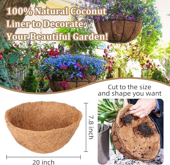 Legigo 4 Pack 20 Inch Hanging Basket Coco Liners Replacement, 100% Natural Round Coconut Coco Fiber Planter Basket Liners for Hanging Basket Flowers/Vegetables
