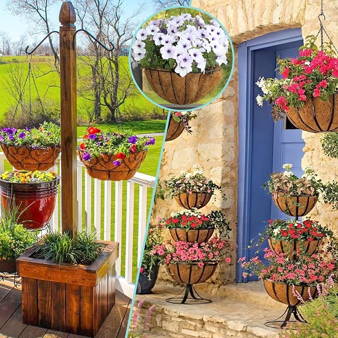 Halatool 4 PCS 10 Inch Round Coco Liners Hanging Basket 100% Natural Replacement Coconut Fiber Liner for Garden Flower Pot Vegetables Herbs