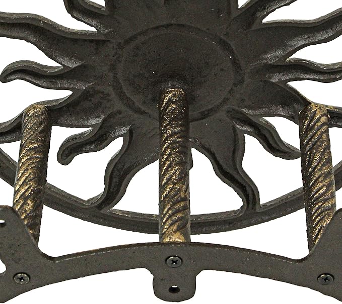 Bronze Finish Cast Iron Sun Wall Mounted Hanging Garden Hose Hanger Celestial Outdoor Decor - Weather Resistant - Easy Install Hose Holder - 11.5 Inches in Diameter