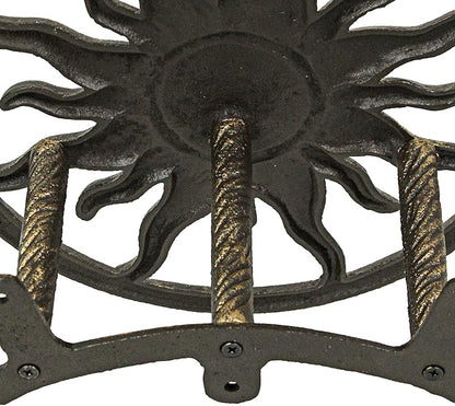 Bronze Finish Cast Iron Sun Wall Mounted Hanging Garden Hose Hanger Celestial Outdoor Decor - Weather Resistant - Easy Install Hose Holder - 11.5 Inches in Diameter