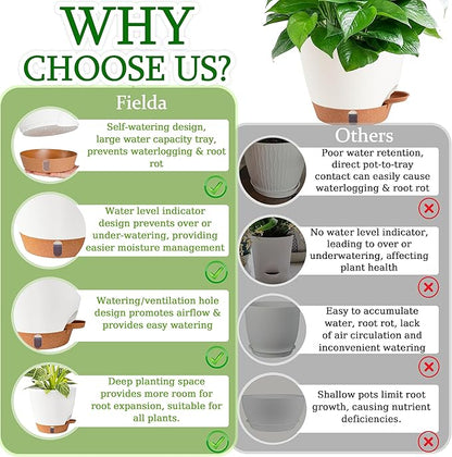 Self Watering Pots for Inoor Ourdoor Plants 10/9/8/7/6.5 Inch Plastic Planters with Drainage Holes & Water Level Indicator, Decorative House Flower Nursery Planting Pots with Saucers ((White)