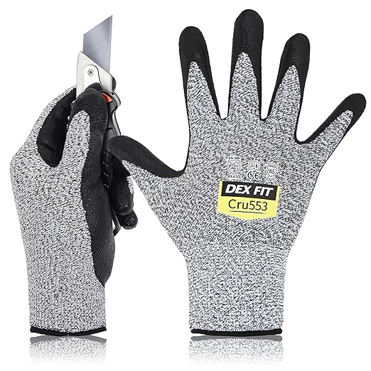 DEX FIT Level 5 Cut Resistant Gloves Cru553, 3D-Comfort Fit, Firm Grip, Thin & Lightweight, Touch-Screen Compatible, Durable, Breathable & Cool, Machine Washable; Grey XL (10) 1 Pair