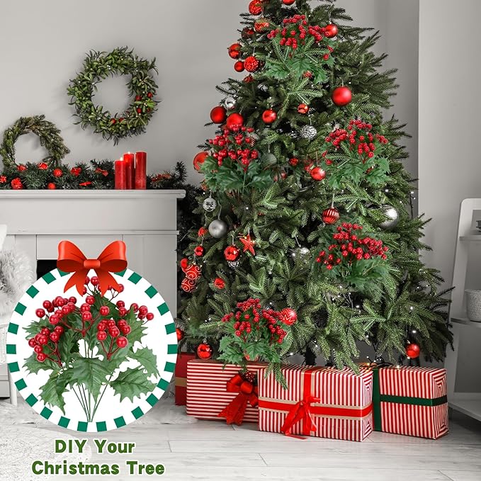 4 Bundles Artificial Christmas Flowers with Red Berry Stems, Fake Norfolk Pine Garland Branches for Winter Decor, Faux Christmas Garland Tree Picks and DIY Crafts (Green Foliage)