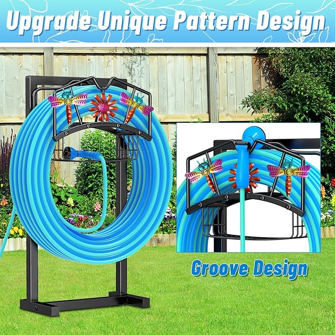 Garden Hose Holder, Freestanding Water Hose Holder with Storage Basket, Heavy Duty Metal Hose Reels Hanger Stand Organizer with 4 Spikes for Outside Yard Lawn Black
