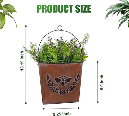 CVHOMEDECO. Farmhouse Wall Mount Metal Flower Pots Rustic Galvanized Bee Flower Holder Wall Hanging Pocket Planter for Indoor, Outdoor and Wall Decor, Set of 2 (Rusty)