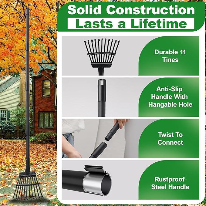 Rake for Leaves Small Metal Garden Tool with 11 Tines 63 Inch Adjustable Handle Sturdy Yard Rake for Gardening Gathering Leaves Weeds Debris, Black
