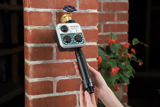 Raindrip SDGCBHP Automatic Drip Irrigation Watering Kit with Timer for Ground Cover & Flower Beds, Waters up to 200 Sq. ft, Timer with Customizable Settings & 13 GPH Half-Circle Adjustable Sprayers, Black;Galvanized Steel;Brown