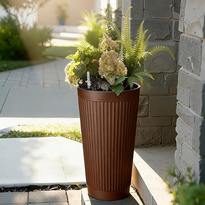 Set of 2 Large Planter Outdoor Self Watering Pots for Indoor Plants, 24" Tall Planters with Drainage Hole for Patio, Garden (Brown Ribbed)