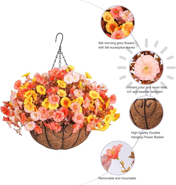 Artificial Fake Hanging Flowers with Basket for Fall Decoration, 12 Bundles Faux Silk Morning Glory Plants for Outdoor Planters, Realistic UV Resistant Artificial Flowers for Outside Porch Garden
