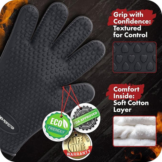KITCHEN PERFECTION XL Silicone Smoker Oven Gloves-Extreme Heat Resistant BBQ Gloves-Handle Hot Food Right on Your Grill Fryer&Pit|Waterproof Grilling Cooking Baking Mitts|Superior Value Set+3 Bonuses