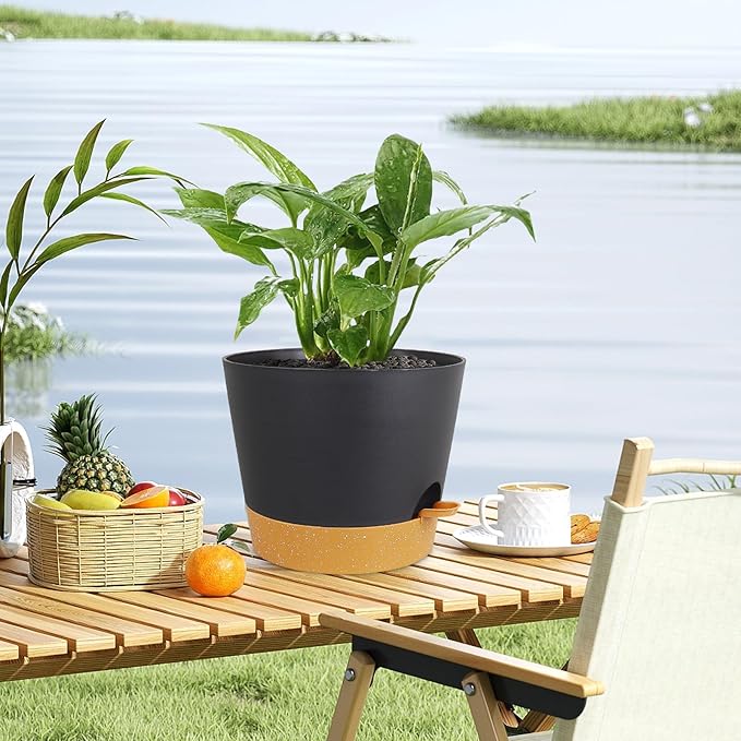 12 inch Large Self Watering Pots, Plant Pots with Mesh Drainage Holes for Indoor Outdoor Plants, Plastic Planters with Deep Reservoir for Garden House Flower Plants, Black with Brown
