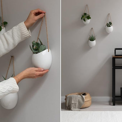 Kazai. Wall Planters -Ellie- | Hanging Ceramic Plant Pots 3 Pieces | Wall Decoration for Indoors, Balcony and Garden | White (Glossy)