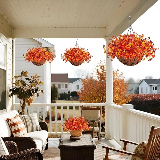 Fake Mums Artificial Fall Flowers with Hanging Baskets Outdoors for Decoration Faux mums for outdoor planters Daisy Flower with Eucalyptus Leaves for Porch Home Patio Balcony and Yard Autumn Decor