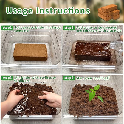 Riare 6pcs Organic Coco Coir Bricks Soil Blocks- 100% Natural Compressed Coco Peat Brick Coconut Fiber Substrate with Low EC& pH Balance, High Expansion Coco Coir Pith Coconut Husk for Garden