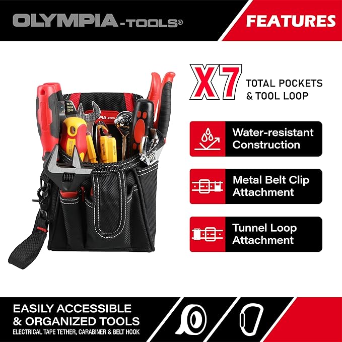 Olympia Tools 7 Pocket Tool Pouch with Belt Clip, Black & Red