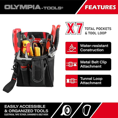 Olympia Tools 7 Pocket Tool Pouch with Belt Clip, Black & Red