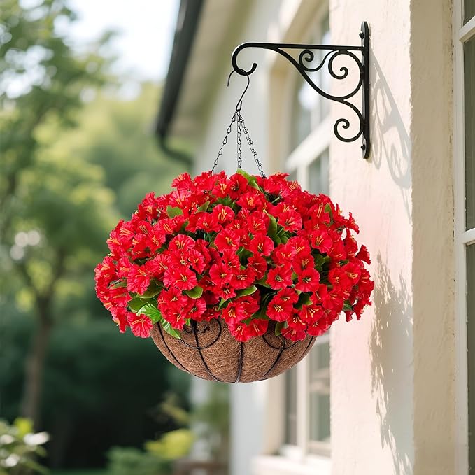 Artificial Hanging Flower Plants with Basket for Outdoor Decoration, Faux Petunias Flowers Fake Morning Glory Planter for Outside Patio Garden Porch Balcony Yard Decor(Red)