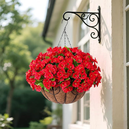 Artificial Hanging Flower Plants with Basket for Outdoor Decoration, Faux Petunias Flowers Fake Morning Glory Planter for Outside Patio Garden Porch Balcony Yard Decor(Red)