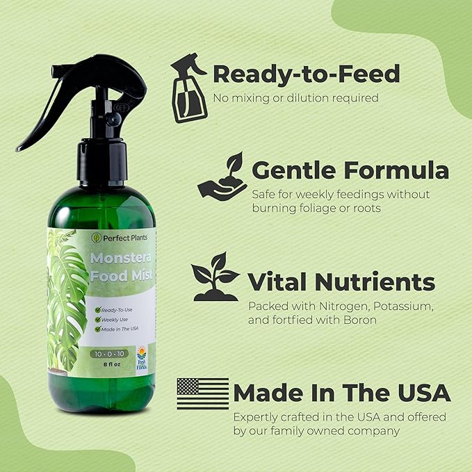 Monstera Foliar Food Spray by Perfect Plants | Natural Indoor Plant Mist for Garden Foliage | 10-0-10 Fertilizer Nutrient Blend (8 fl oz)