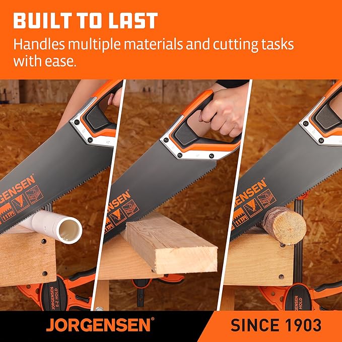 JORGENSEN 20 Inch Black Coated Pro Hand Saw, 11 TPI Fine-Cut Ergonomic Non-Slip Aluminum Ultrasonic Welding Handle for Sawing, Trimming, Gardening, Woodworking, Drywall, Plastic Pipes