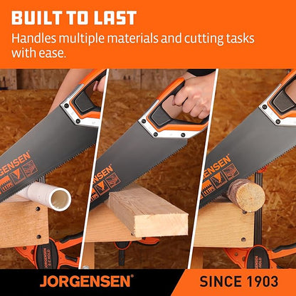JORGENSEN 20 Inch Black Coated Pro Hand Saw, 11 TPI Fine-Cut Ergonomic Non-Slip Aluminum Ultrasonic Welding Handle for Sawing, Trimming, Gardening, Woodworking, Drywall, Plastic Pipes