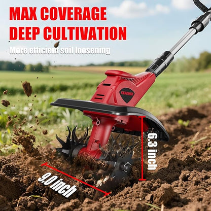 Cordless Tiller Cultivator, 360RPM 9inch Wide Electric Garden Tiller,Total 8000mAh Battery Powered Mini Cultivator,48 Steel Tines Portable Rotary Tiller for Gardening (2 x 4.0AH Battery)