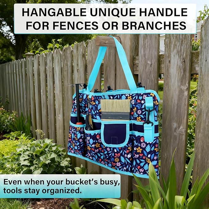 KUNN Bucket Tool Organizer 5 Gallon with Hangable Handle 18-Pocket Detachable Bucket Bag for Tools, Garden Caddy Tote with Pockets, Heavy Duty 600D Polyester Gardening Accessory,Blue