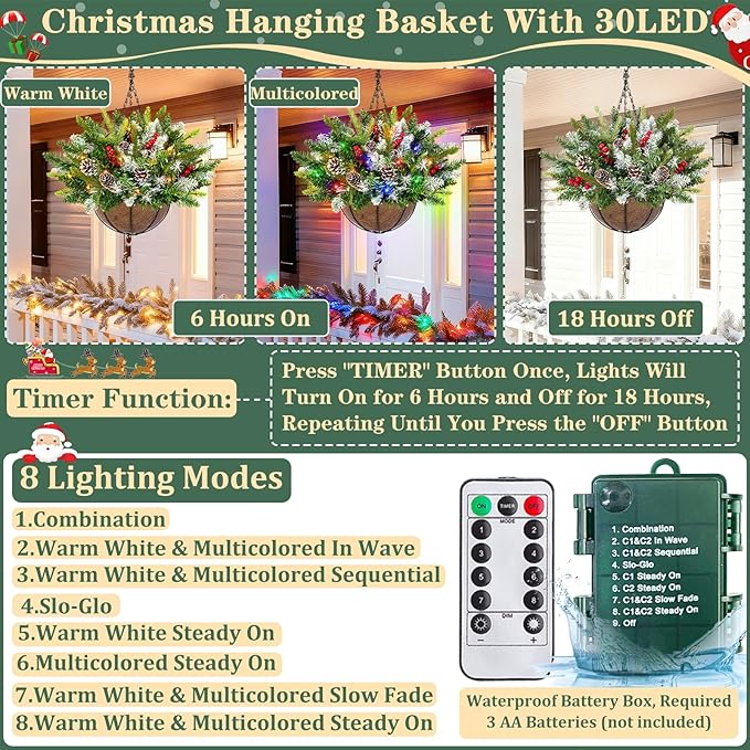 20 Inch Artificial Christmas Hanging Basket with 30LED Changing Warm White&Multicolored Timer 8 Modes Remote Control Norfolk Pine Snowy Tips Hanging Christmas Decorations for Porch Front Door Home