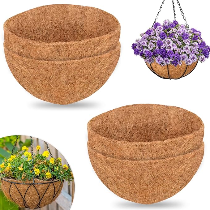 ZeeDix 4 PCS 12 Inch Coconut Liners for Planters, Round Hanging Basket Liners Natural Coco Coir Replacement Liner for Flowers Vegetables Patio Porch Garden Decor