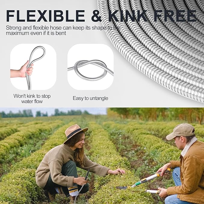 SPECILITE Stainless Steel Garden Water Hose 75 FT, Flexible and Lightweight Pipe, Non-Expandable Heavy Duty Metal Waterhose with Aluminium Fittings for Reel, Yard, Outdoor, Boat