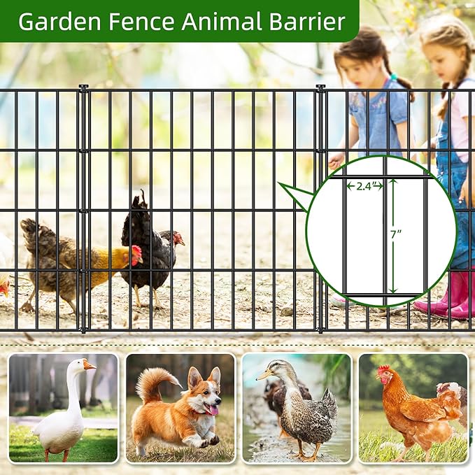 Metal Garden Fence 28in (H) x 23.3ft (L), 10 Panels + 11 Stakes Dog Fence Border Fence Animal Barrier, No Dig Garden Fencing for Yard Flower Bed Lawn Patio Outdoor, PIN282810 Black