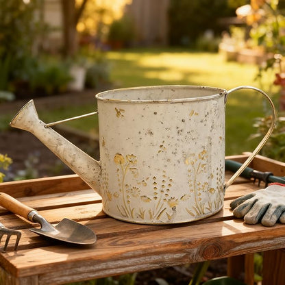 Vintage Metal Watering Can Planter with Embossed Floral - Distressed White Decorative Watering Pot for Indoor/Outdoor Flowers, Succulents & Herbs, Rustic Home Decor Accent