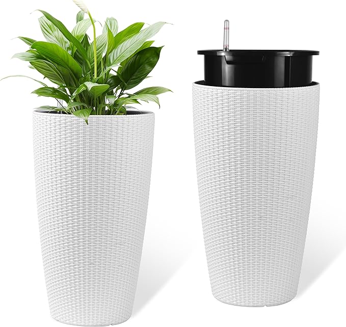 22" Tall Planter Set of 2, Large Self Watering Pots for Indoor/Outdoor Plants with Drain Holes, Water Level Monitor, Inner Bucket for Front Porch Patio, White Rattan Conical