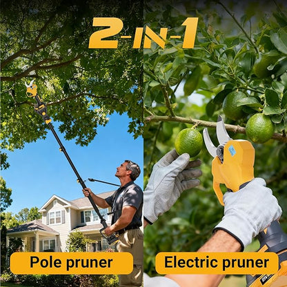 2-in-1 Electric Pruning Shears with Extension Pole, Cordless Power Pruner with 1.4 Inch Cutting Diameter, Brushless Motor, LCD Display & 2×2.0Ah Batteries for High Branch & Tree Trimming