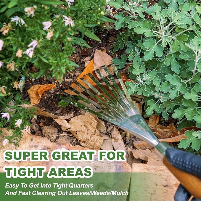 Haliaeetus Garden Hand Rake, 14.6'' Small Rake for Tight Areas, 9 Tines Stainless Steel with Ergonomic Wood Handle for Clearing Leaves and Loose Debris