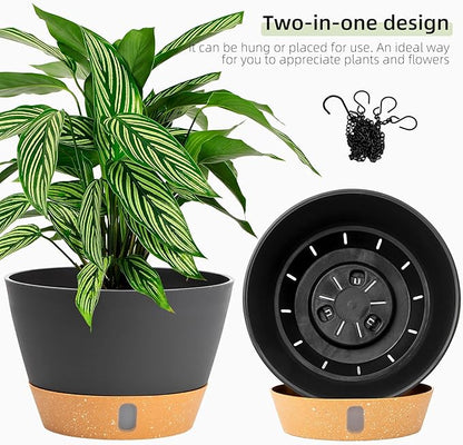 QCQHDU 2 Pack 8 Inch Hanging Planters for Indoor Outdoor Plants, Hanging Baskets Flower Pots with Reservoir Tray & Visible Water-Level