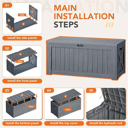 130 Gallon Deck Box Outdoor Indoor Waterproof Storage Box for Patio Furniture, Pool Accessories, Garden Tools, and Cushion Storage, Gray