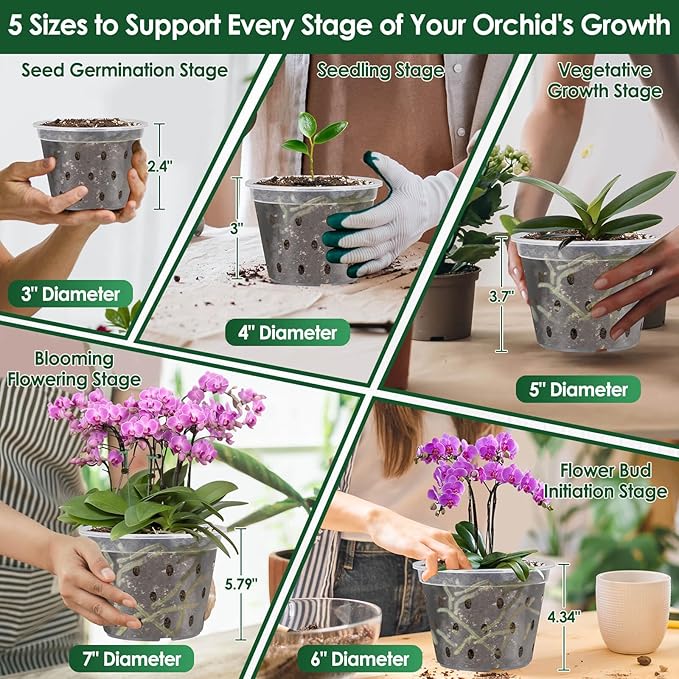 12 Pack Plastic Orchid Pots with Holes,5 Sizes 3, 4, 5, 6,7 Inch Clear Orchid Pots for Repotting with Saucers Drainage and Plant Stakes, Large Small Breathable Orchids Planter Plant Pot
