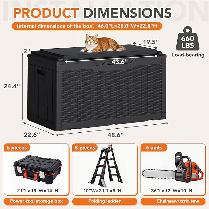 110 Gallon Deck Box Outdoor Indoor Waterproof Storage Box for Patio Furniture, Pool Accessories, Garden Tools, and Cushion Storage, Black