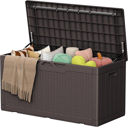 105 Gallon Deck Box Outdoor Indoor Waterproof Storage Box for Patio Furniture, Pool Accessories, Garden Tools, and Cushion Storage, Brown