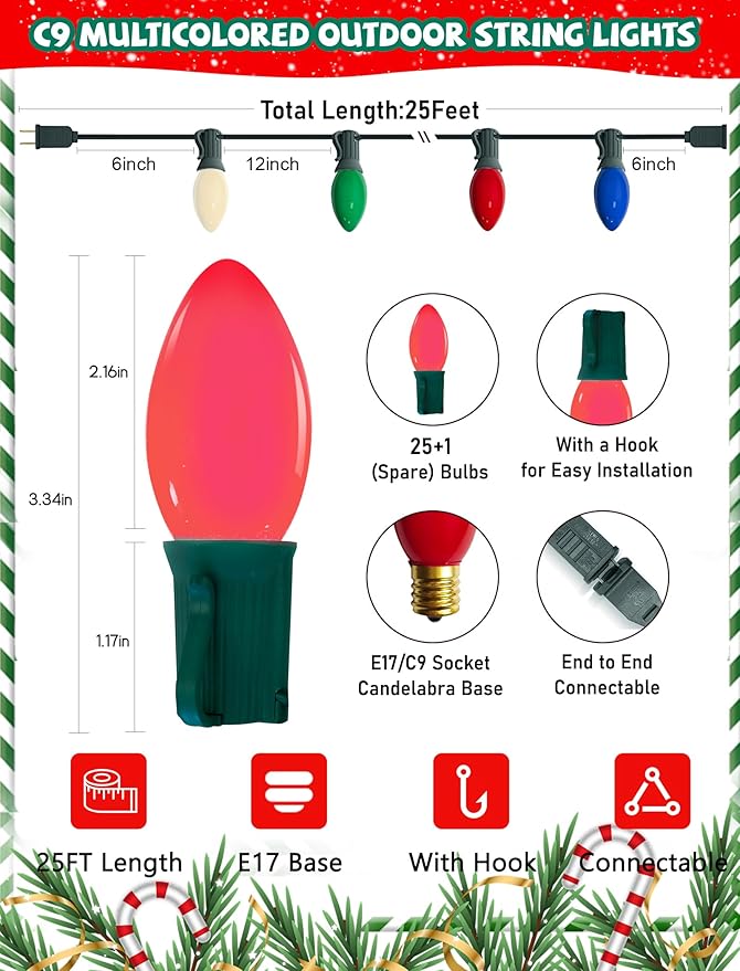 25Ft Multicolor Christmas Lights Outdoor, C9 7W Vintage Ceramic Christmas String Lights with 26 Colorful Bulbs, Hanging Patio Lights for Porch Roofline Christmas Tree Garden Pathway Indoor Decor