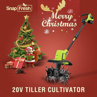 SnapFresh Cordless Tiller Cultivator, 20V Electric Garden Tiller with 4.0AH Battery and Fast Charger, 300 PRM Battery Powered Rototiller, 9" Width 6.6" Depth, 3 Speed Handheld Tiller with Steel Tines